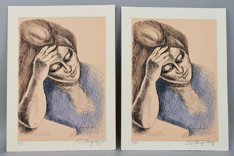 2 Raul Anguiano Lithographs Pensativa: Raul Anguiano (Mexican, 1915-2006). 2 lithographs, portrait of a woman, Pensativa. Each pencil signed and dated 90 lower right and numbered E/E in pencil lower left. Unframed. Each sheet 15" x 11".