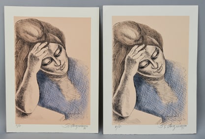 2 Raul Anguiano Lithographs Pensativa