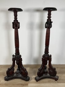Pair Carved Wood Plant Stands / Torchieres