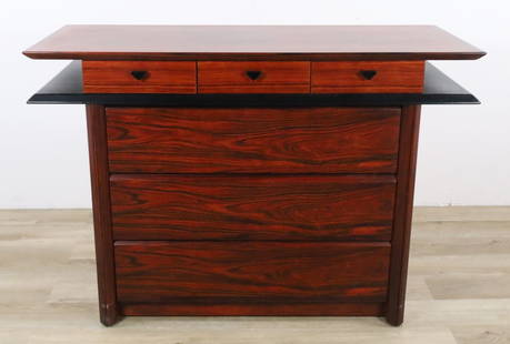 Brouer Danish Mid Century Rosewood Dresser: Mid Century Modern Danish rosewood dresser by Brouer M?belfabrik. Small amounts of crazing to top, edges rubbed. Some dents to front bottom case on each side. 32 1/4" Tall x 47 1/4" Wide x 19 3/4" Dee