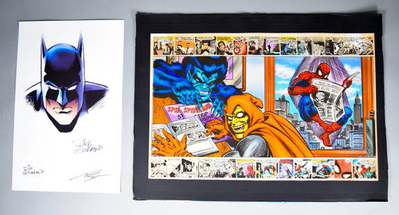 2 Pieces Comics Art Signed John Romita, Giordano: 2 pieces comic art. Spider-Man blue line, hand painted by Tom Smith with acetate overlay, signed lower right in silver ink by John Romita and Tom Smith, 24" x 18". With a Batman print, signed in the p
