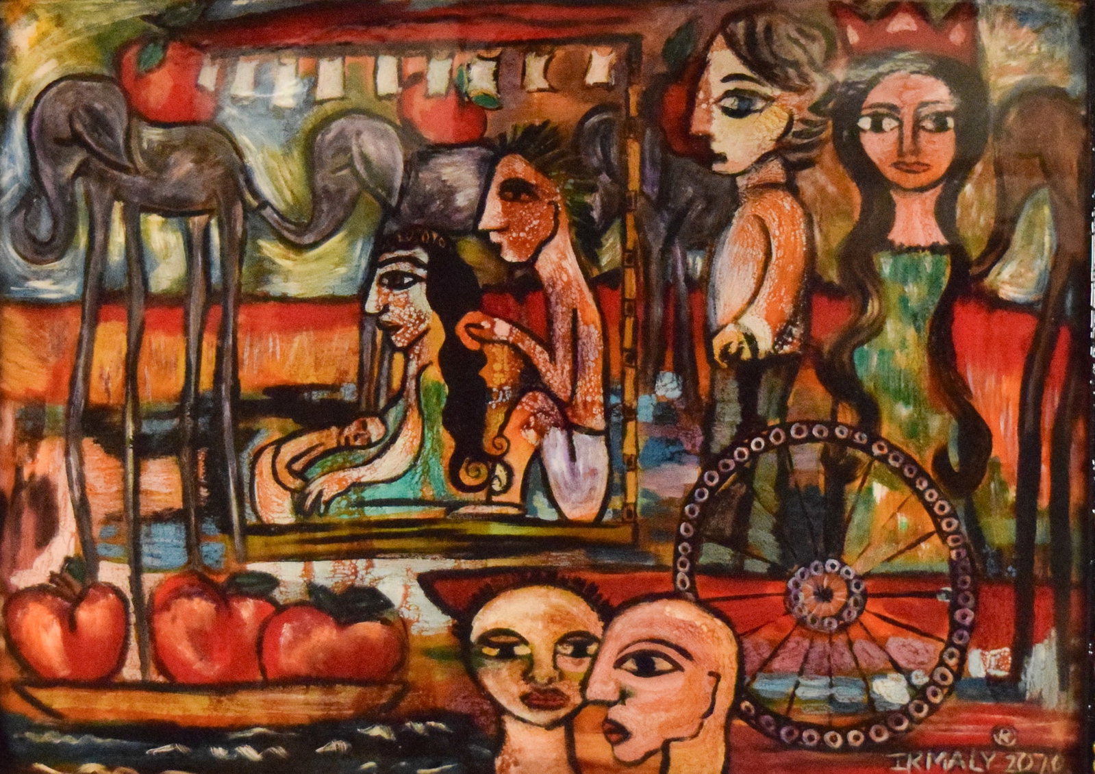 Irmaly Brackin Mixed Media Land of Apples: Irmaly Brackin (American, 1955-). Mixed media with acrylic, and resin and glass decorated frame, Land of Apples. Signed and dated 2010 lower right and titled, signed and dated on verso. 25 3/4" x 35 3