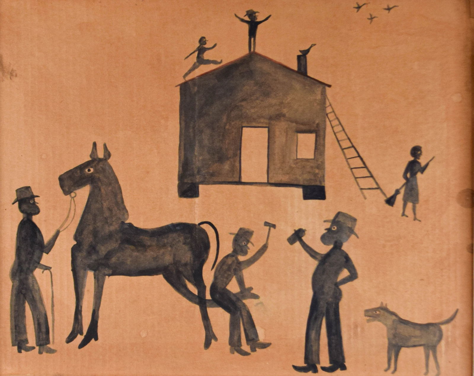 Bill Traylor Folk Art Painting on Cardboard: Bill Traylor (American, 1854-1947). Watercolor on found cardboard, scene with man shoeing a horse. Unsigned. 15" x 19 1/2" (with frame 17 1/4" x 21 1/4". Stains and creases to cardboard; discoloration