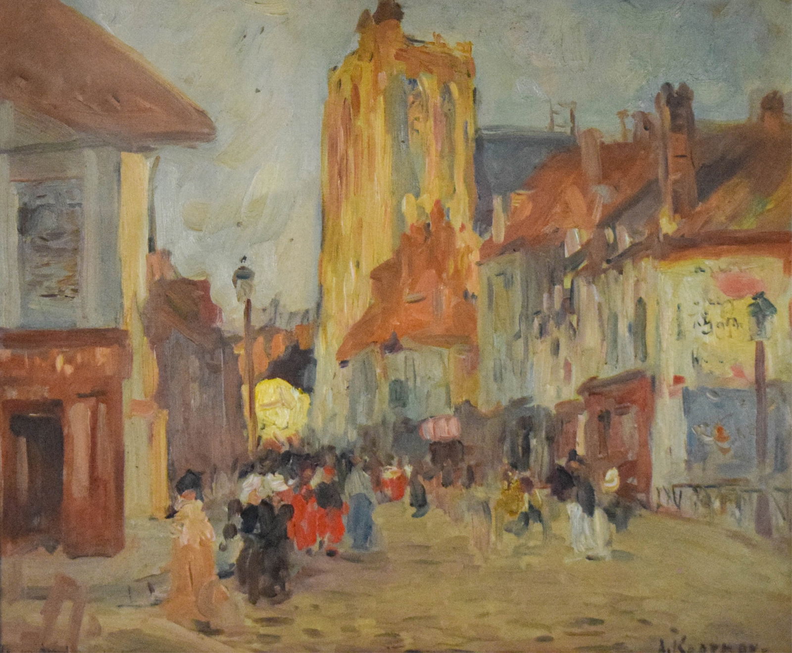 Augustus Koopman Oil on Wood Panel Street Scene: Augustus Koopman (American, 1869-1914). Oil on wood panel, street scene. Signed lower right, and with inscription lower left. Buffalo Fine Arts Academy label with info on verso. 14 1/4" x 17 1/4" (wit