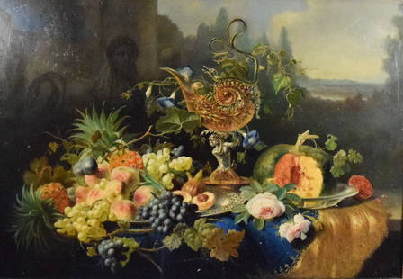 Gabriel Henriques de Castro Oil Still Life: Gabriel Henriques de Castro (Dutch, 1808-1853). Oil on canvas, still life with fruit in landscape. Signed lower left GH de Castro. 32 1/4" x 46 1/2" (with frame 45" x 50 1/2"). Framed under plexiglass