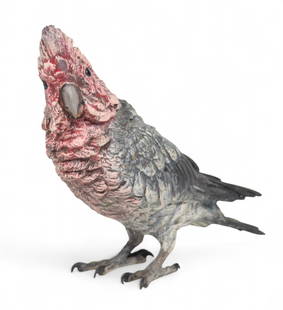 Franz Bergmann Cold Painted Vienna Bronze: Franz Xaver Bergman (Austrian, 1861-1936). Cold painted bronze bird, cockatoo. Marked Austria and signed with Bergman's B Urn mark. 7"L x 6 1/4"H.