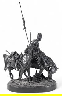 Nikolay Shtange After Lanceray Equestrian Bronze: After Evgeny Lanceray (Eugene Lansere) (Russian, 1875-1946). Bronze equestrian sculpture, A Zaporozhian Cossack After Battle. Signed in Cyrillic on the base and with Nikolay Shtange foundry mark in Cy