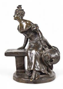 George van der Straeten Bronze Seated Woman: George van der Straeten (Belgian, 1856-1941). Bronze sculpture, seated woman with hat. Signed on the base Van der Straeten and with E. Blot, Paris foundry mark. 12 1/4"H.