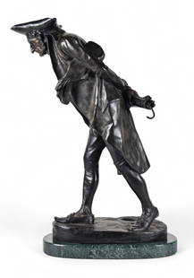 Giovanni Amendola Bronze Visit to the Village: Giovanni Battista Amendola (Italian, 1848-1887). Bronze sculpture of a man walking, Visit to the Village. Signed on the base G.B. Amendola. On marble base. 22 1/4"H.