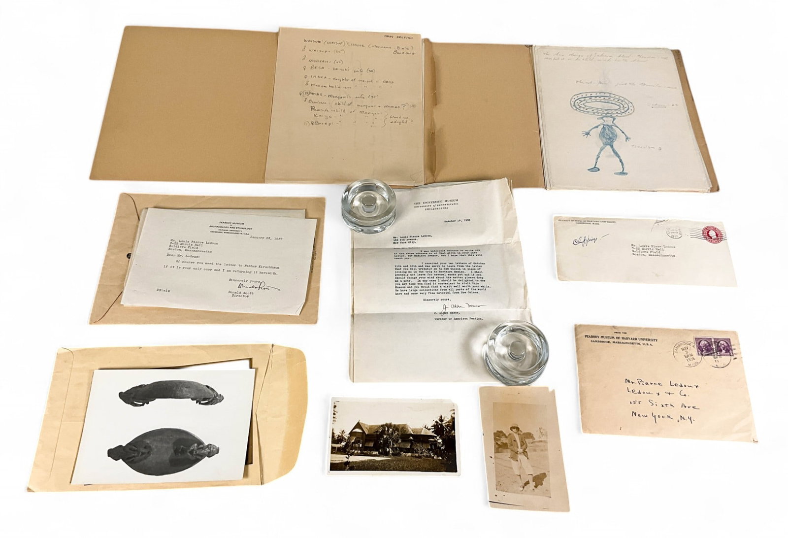 Louis Pierre Ledoux Drawings, Ohm, Museum Letters: Louis Pierre Ledoux drawings, ohm, museum letters. Collection of 20 drawings from near Sepik River, Ohm which appears to be relations or family tree, and some letters, correspondence and photos with P