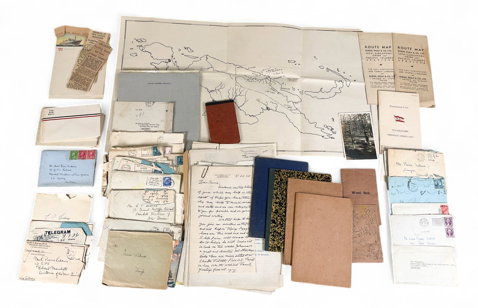 Louis Pierre Ledoux Letters, Route Maps and Books: Louis Pierre Ledoux letters, maps, books. Collections of letters from Louis Pierre Ledoux to him mother, Peabody Museum, Chez Toi, Department of Anthropology at Yale, a letter from Edwin Seaver. This 