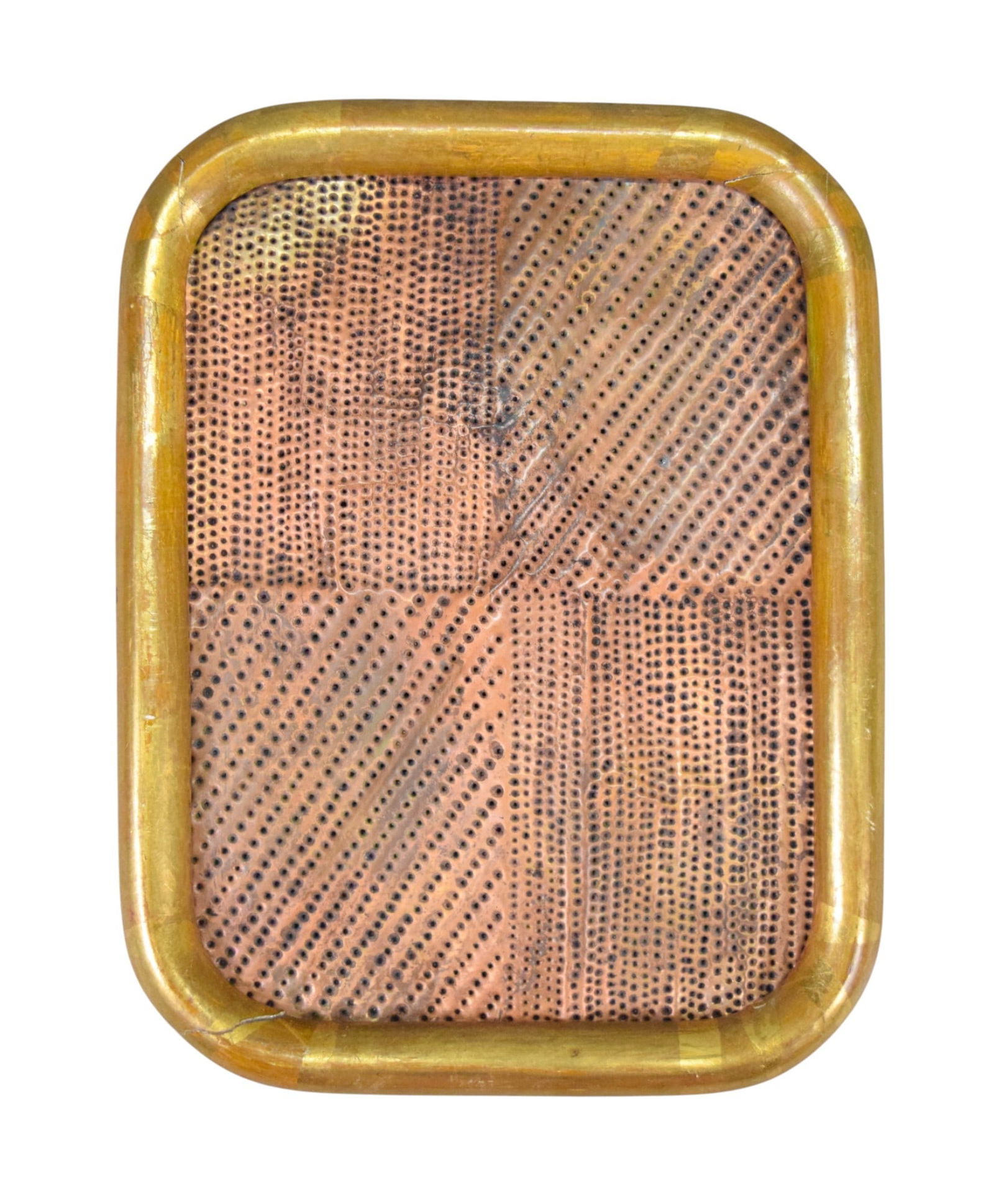 Mathias Goeritz Perforated Metal on Panel: Mathias Goeritz (German / Mexican, 1915-1990). Mixed media with perforated copper sheet on wood panel, in a giltwood frame. Signed MG on verso. 5 1/2" x 7 1/2" (with frame 6 3/4" x 8 7/8"). Scratches,