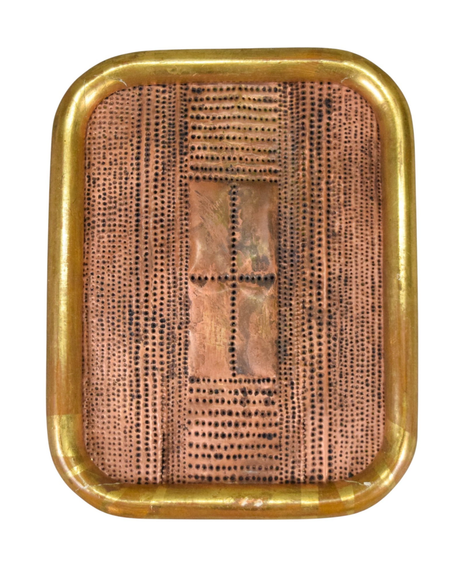 Mathias Goertiz Perforated Metal on Panel: Mathias Goeritz (German / Mexican, 1915-1990). Mixed media with perforated copper sheet on wood panel, in a giltwood frame. Signed MG on verso. 7 1/2" x 5 5/8" (with frame 8 3/4" x 6 3/4"). Scratches,