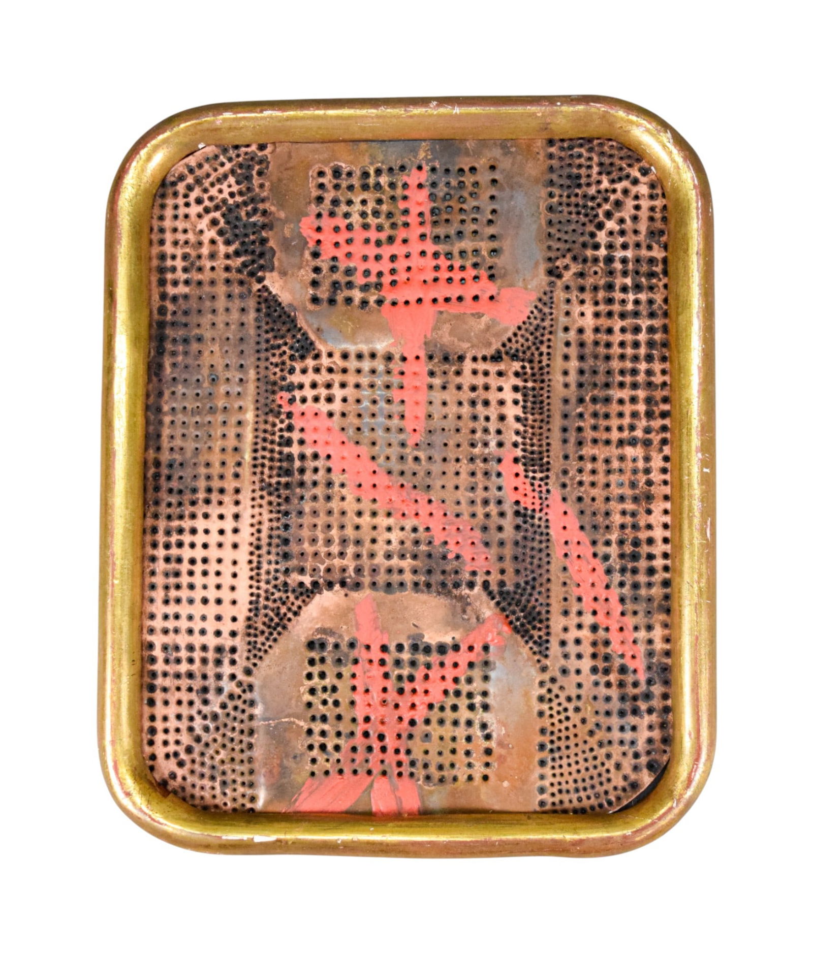 Mathias Goeritz Perforated Metal on Panel: Mathias Goeritz (German / Mexican, 1915-1990). Mixed media with perforated and painted copper sheet on wood panel, in a giltwood frame. Signed MG on verso. 9 1/2" x 7 1/4" (with frame 10 3/4" x 8 5/8"