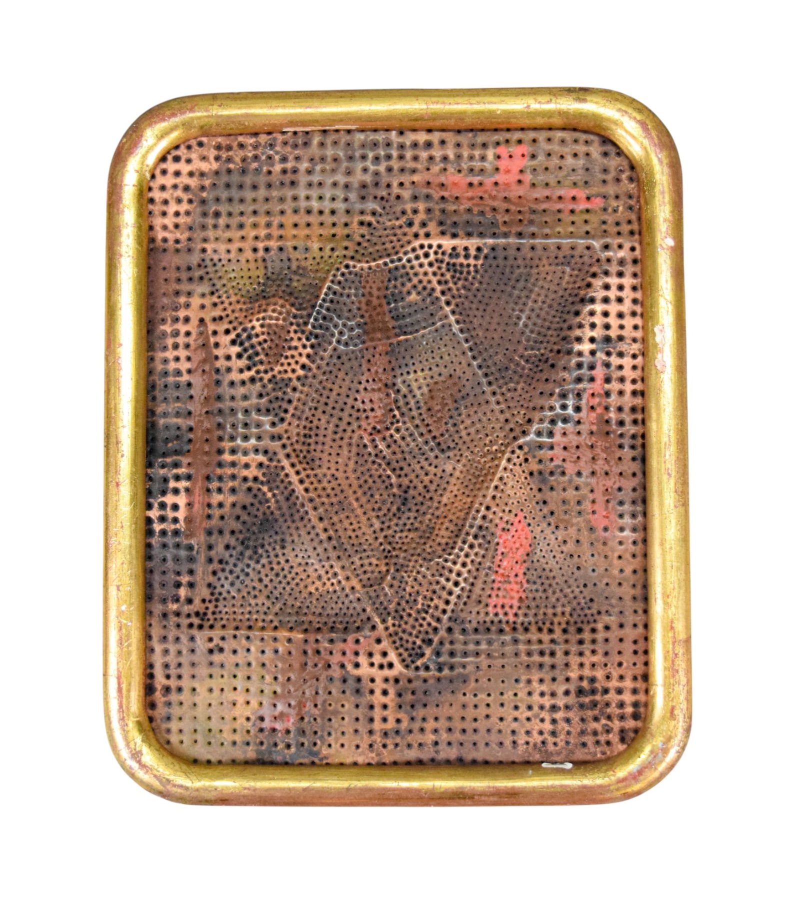 Mathias Goeritz Perforated Metal on Panel Star: Mathias Goeritz (German / Mexican, 1915-1990). Mixed media with perforated and painted copper sheet on wood panel, Star of David, in a giltwood frame. Signed MG on verso. 9 3/8" x 7 3/8" (with frame 1