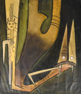Wifredo Lam Oil on Canvas Abstract Figures: Wifredo Lam (Cuban, 1902-1982). Oil on canvas, abstract figures. Signed upper right. Unframed, no stretcher. Canvas 26 3/4" x 22 1/2". Scratches, some crazing and cracking to paint.