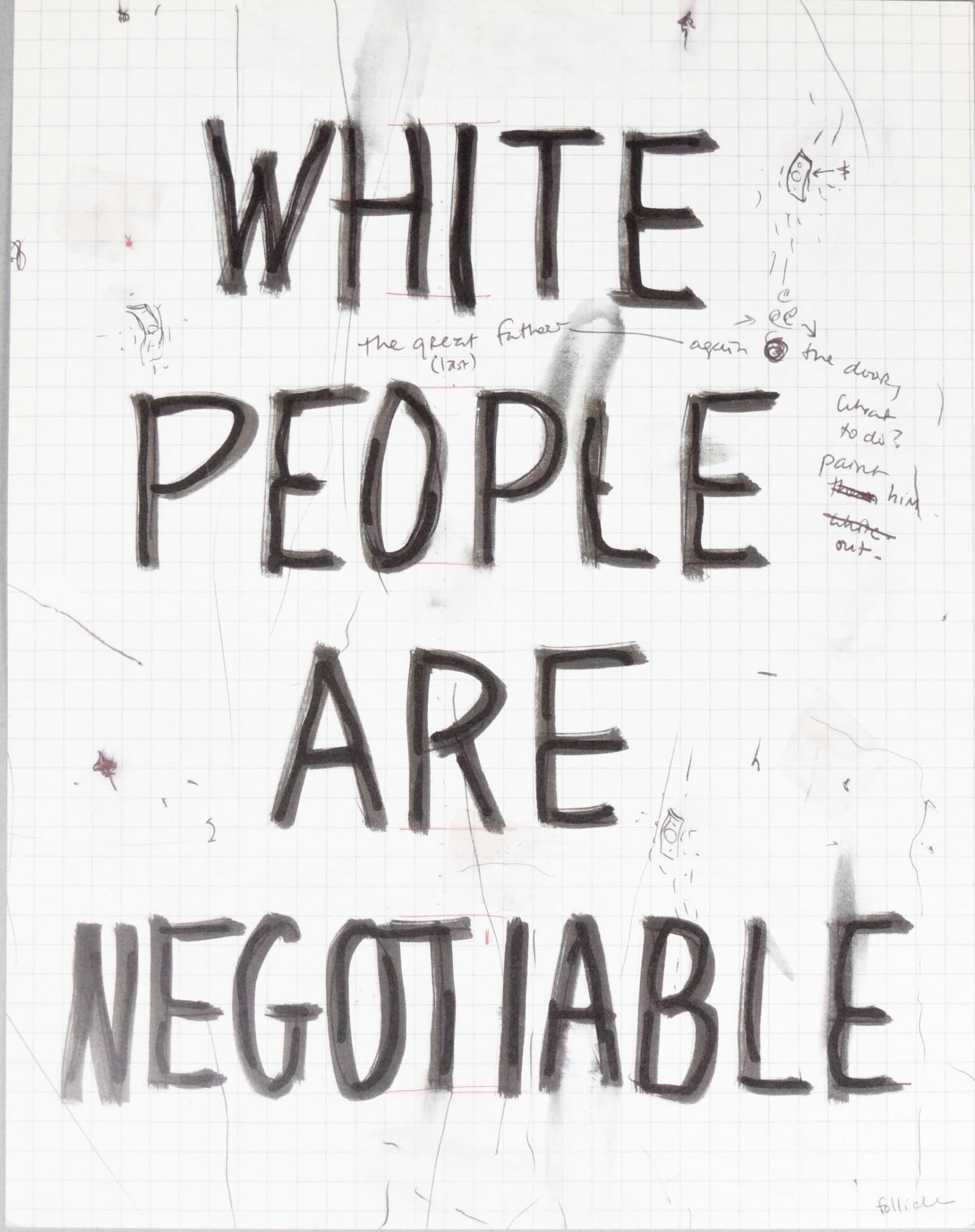 William Pope.L Offset Print White People 4497/4500: William Pope.L (American, 1955-2023). Offset print, White People Are Negotiable. Stamped signature and hand numbered 4497/4500 on verso. Unframed. Sheet 10 5/8" x 8 3/8". Minor creasing at corners.