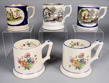 5 English Porcelain Frog Mugs