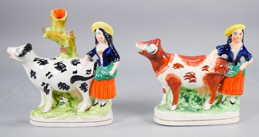 2 Staffordshire Cow Spill Vases