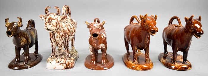 5 Staffordshire / Rockingham Style Cow Creamers