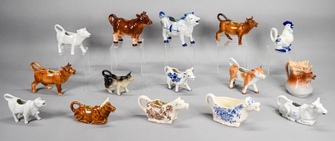 15 Porcelain Figural Creamers Cows, Elk, Rooster