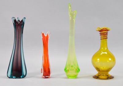 Four Art Glass Vases Vaseline Mid Century