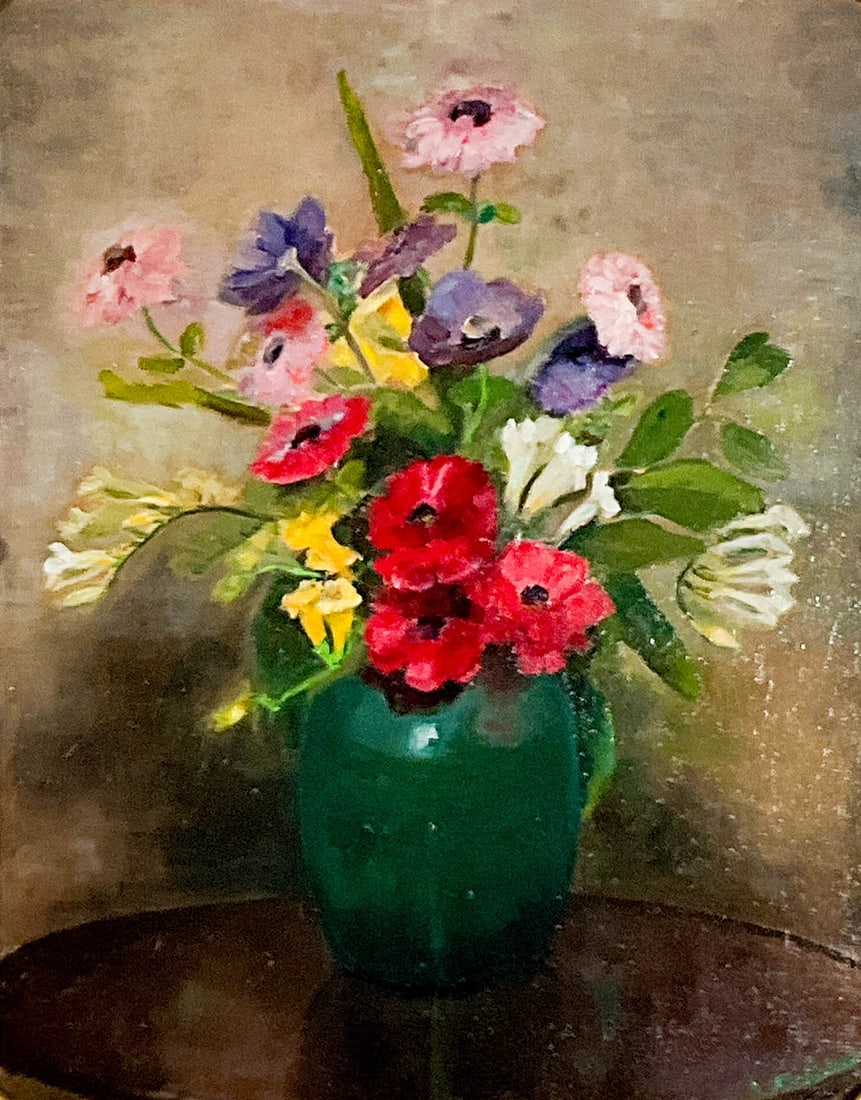 Annemarie Cseh Still Life Of Flowers Oil On Board: Annemarie Cseh (Hungarian / Austrian, born circa 1926). Oil on board still life with flowers. Signed lower right "A. M. Cseh". Sight size 19 1/2" Tall x 15 1/2" Wide. With frame 25 1/2" Tall x 21 1/2"
