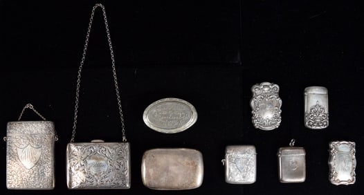 9 Mostly Silver Match Safes, Cases, Snuff Boxes