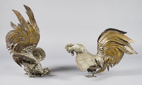 Two Silver Plated Fighting Cocks