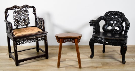 3 Piece Chinese & Japanese Furniture Chairs, Stool