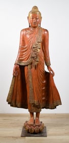Gilt Red Lacquer Wooden Standing Buddha