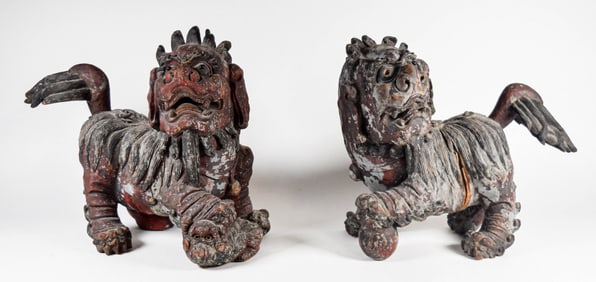 Pair Of Carved Wooden Foo Dogs