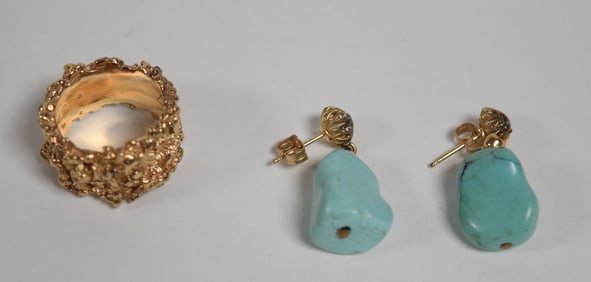 14 Karat Gold Ring And Turquoise Earrings