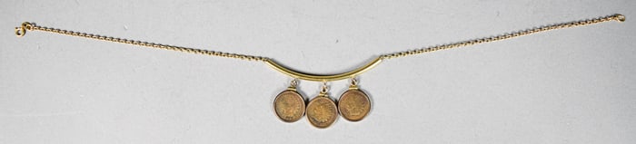 18 Karat Gold Necklace With 3 Indian Head Pennies