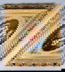 KPM Porcelain Plaque After Raphael Madonna: After Raphael (Italian, 1483-1520). KPM porcelain plaque, after Raphael's Madonna Dell Seggiola. Impressed KPM with scepter mark on verso, otherwise unsigned. 10 1/2" x 8 1/2" (with frame 20 1/2" x 18