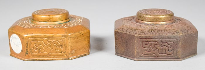 Pair Tiffany Studios Bronze Zodiac Inkwells