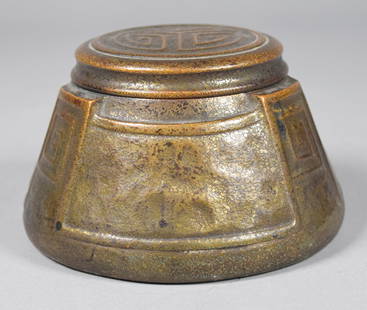 Tiffany Studios Bronze Modeled Inkwell: Tiffany Studios bronze inkwell, Modeled pattern. Marked on the underside Tiffany Studios, New York 1112. 3 3/8"H x 5 1/8"-diameter at base. No insert, some wear and losses to patina.