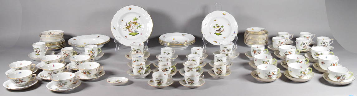 91 Pieces Herend Rothschild Bird Dinnerware: 91 pieces Herend Rothschild Bird pattern porcelain dinnerware. 3 large soup bowls, 5 soup bowls, 2 saucers, 10 cups - 1 larger, 1 cream soup saucer, 17 saucers, 7 cups, 3 trembleuse cups, 2 trembleuse