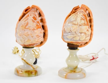 Pair Cameo Carved Conch Shell Lamps