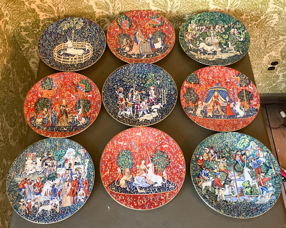 14 Haviland Limoges Decorative Plates: 14 Haviland Limoges Decorative 'The Lady and the Unicorn' Porcelain Plates - Made in France. Each plate features a different design. These measure 1" H x 9.75" D. No cracks or chips.