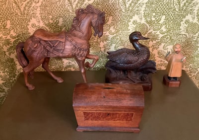 4 Wooden Figures - Horse, Duck, Tea Caddy and Man