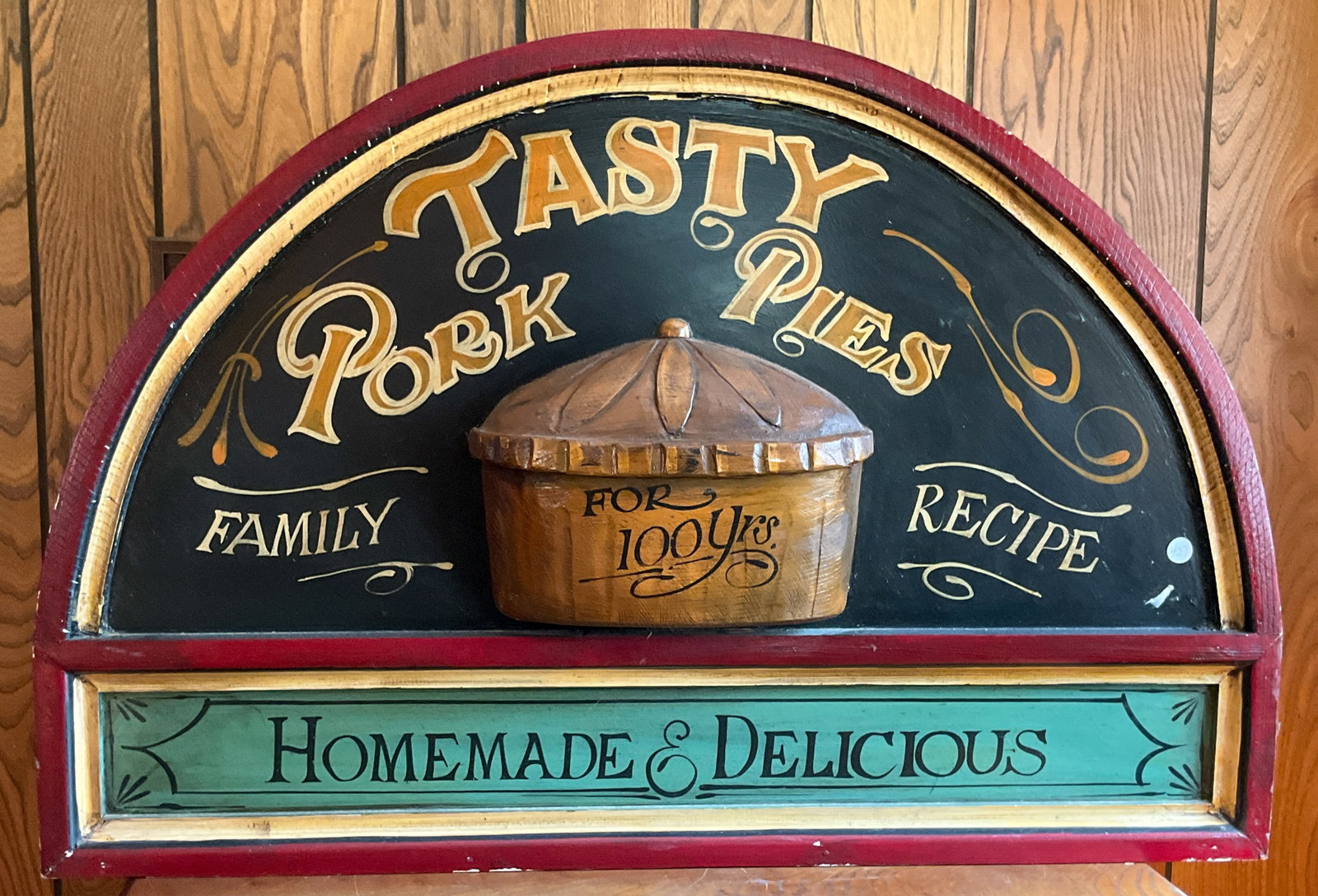 Pork Store Sign - Tasty Pork Pies: Pork Store Sign - Tasty Pork Pies, 24" x 36" x 1.5" wear and paint loss especially around edges