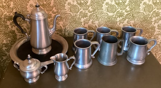 Lot of 10 - Oneida Pewter Tea Set Tankard