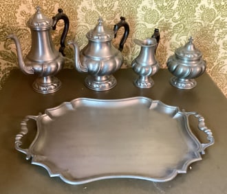 5 - Peltro Pewter Set Coffee Tea Pot, Sugar Tray