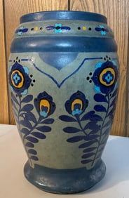 Large Ceramic Vase Blue And Yellow Floral Motif
