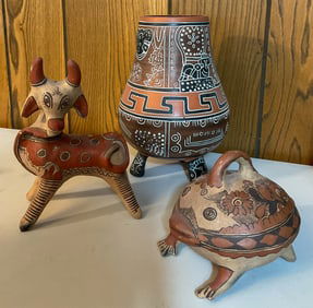 3 Pieces Mesoamerican Pottery Vase Animal Figurine