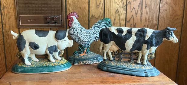 3 Cast Iron Doorstops - Cow, Rooster