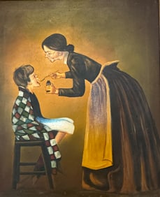 Oil on Canvas, Women Feeding Child Medicine