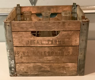 Ideal Farms Milk Crate and 6 Bottles, NJ Farms
