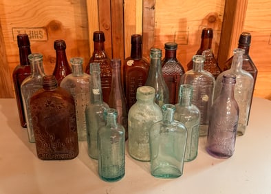 20 Antique Glass Bottles Amber Clear Purple